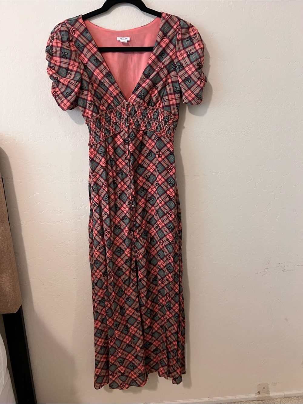 Urban Outfitters Kimchi BlueWomen's Pink Plaid V-Neck Maxi Dress with slit.